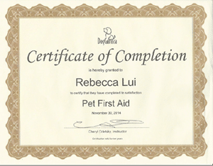 Pet First Aid Certificate of Completion - Rebecca Lui