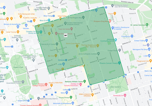 Yonge and Wellesley dog walking route with Barks N Purrs